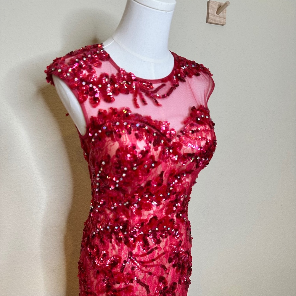 VTG Red Sequin Floral Lace Gown Sleeveless Keyhole Back Formal Evening Prom Gala - Picture 5 of 15